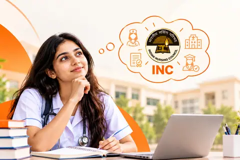 A smiling nursing student in a white coat and stethoscope rests her chin on her hand at a desk, with a thought bubble showing the Indian Nursing Council emblem and icons of a nurse, a hospital, a certificate and a graduate