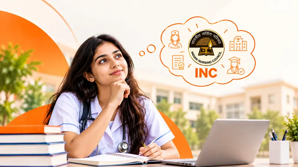 A smiling nursing student in a white coat and stethoscope rests her chin on her hand at a desk, with a thought bubble showing the Indian Nursing Council emblem and icons of a nurse, a hospital, a certificate and a graduate
