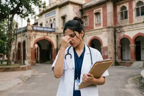 A nursing student in a white coat with a stethoscope holding a clipboard outside a college building, her hand pressed to her forehead