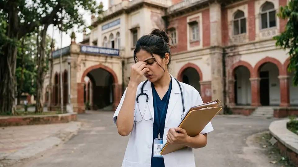 A nursing student in a white coat with a stethoscope holding a clipboard outside a college building, her hand pressed to her forehead