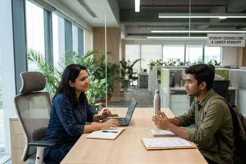 A counsellor and a student talking across a desk in an open-plan office