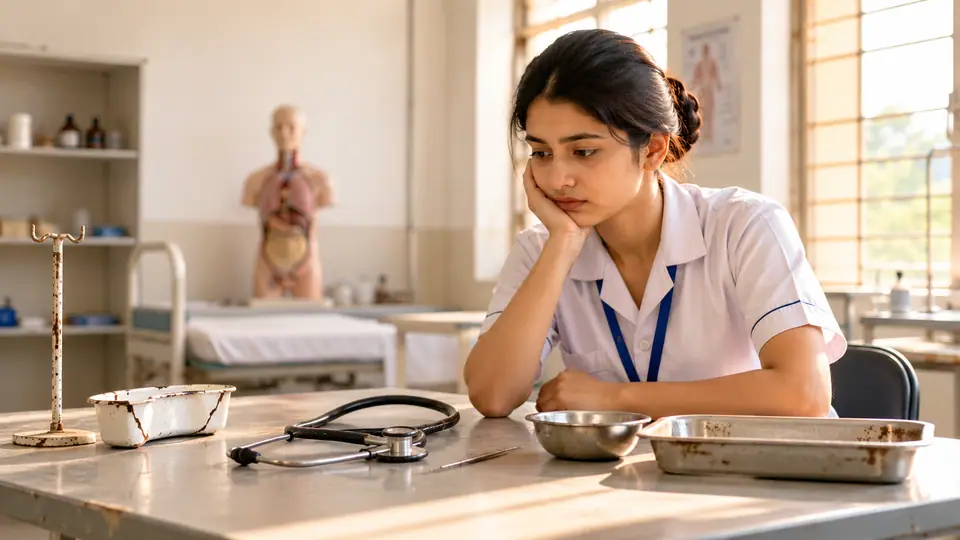 A nursing student in a white uniform resting her chin on her hand at a worn lab table with rusted trays, a chipped bowl and a stethoscope