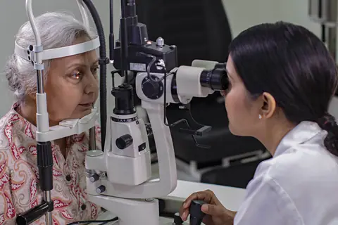An optometrist at a slit lamp examining an older woman's eye in a clinic