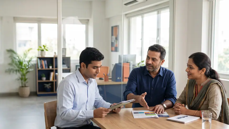 Three people in discussion around a table in a bright office, with brochures and a notebook in front of them