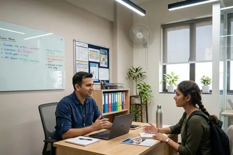 A counsellor and a student talking across a desk in an office with a whiteboard and notice board