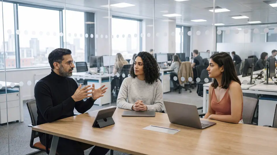 Three colleagues talking together at a table in an open-plan office